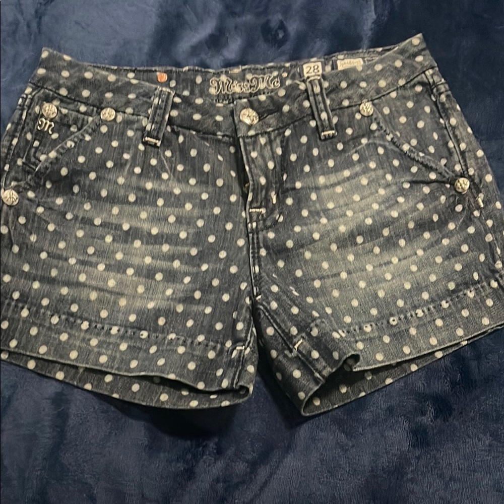 Miss Me Blue and White Jean Shorts with Distressed Hem